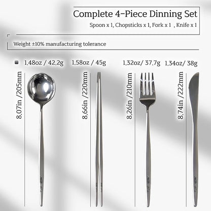 Korean 316 Stainless Steel Cutlery Set for 1 | Spoon Chopsticks Fork Knife Set, Made in Korea, Balanced Grip Reusable Dishwasher Safe, Hojakdo Animal Engraved Design