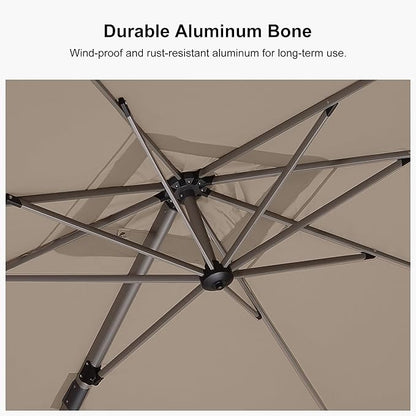 PURPLE LEAF 10' X 10' Patio Umbrella Outdoor Cantilever Umbrella, Aluminum Offset Umbrella with Champagne Frame and 360° Rotation for Pool Deck Garden, Taupe