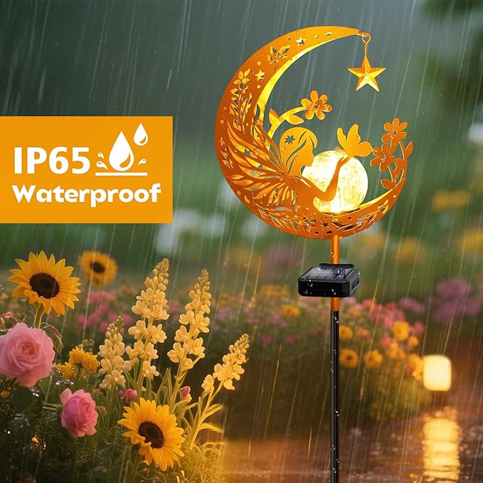 YJFWAL Garden Solar Fairy Lights Pathway Stake Lights Glass Globe with Moon Angel Decor, Gifts for Mom Grandma Friends, Outdoor Decor Light Waterproof for Walkway, Yard, Patio or Garden (Warm White)