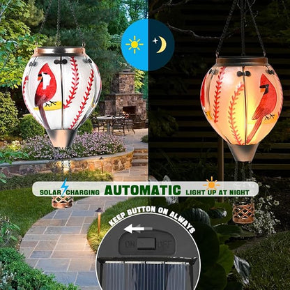 Hot Air Balloon Solar Lantern - Cardinal Bird Glass Lantern, Simulated Flickering & Dancing Flame, Outdoor Hanging Yard Light Waterproof IP65 for Patio Lawn Porch Decor Gift