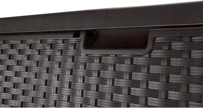 Suncast 99 Gallon Plastic Wicker Deck Box Container Storage for Garden, Garage, Home, Pool, Indoor and Outdoor Use, Mocha (2 Pack)