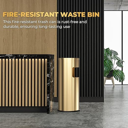 Trash Can Outdoor Waste Container Round Stainless Steel Trash Can with Removable Inner Bucket for Disposal Commercial Waste Container 9.8 x 24-Gold Tone