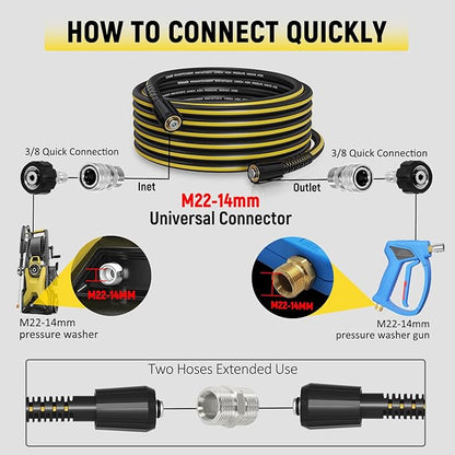 Pressure Washer Hose 50ft - 1/4" Flexible Power Washer Hose Kink Resistant,3600 PSI Leak-Free M22-14mm Extension Replacement Hose 5 Accessories with storage strap