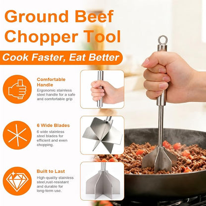 Palksky Meat Masher, 11 Inch Stainless Steel Ground Beef Masher with 6-Blade Head, Heavy Duty Meat Chopper for Ground Beef, Hamburger Smasher Tool for Potatoes, Chicken and Meal Prep