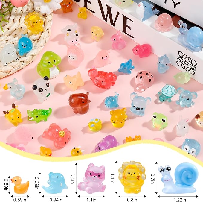 52Pcs Luminous Mini Resin Animals 52 Styles Miniature Glow in the Dark Resin Animal Figures to Hide Tiny Small Little Ducks Turtles Dinosaurs and Frogs for Micro Landscape Dollhouse Fairy Garden Decor