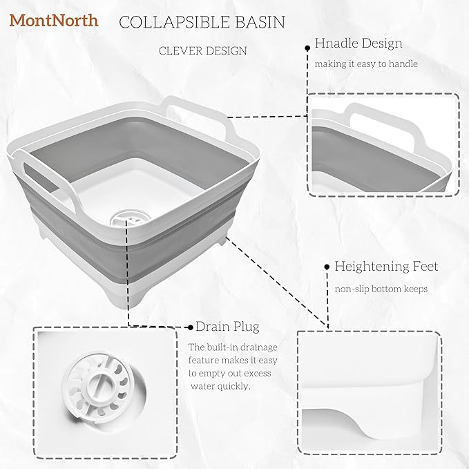 MontNorth Collapsible Wash Basin 9L, Foldable Dish Tub with Drain Plug, Portable Collapsible Dish Basin, Camping Sink for Washing Dishes, Laundry & Kitchen Use,Gray