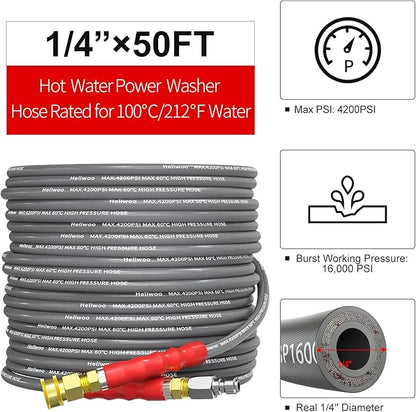 Pressure Washer Hose 50ft, 4200PSI Wire Braid Power Washer Extension Hose 1/4 Inch High Tensile, Flexible Kink Resistant Heavy Duty Replacement Hose with 3/8 Quick Connect