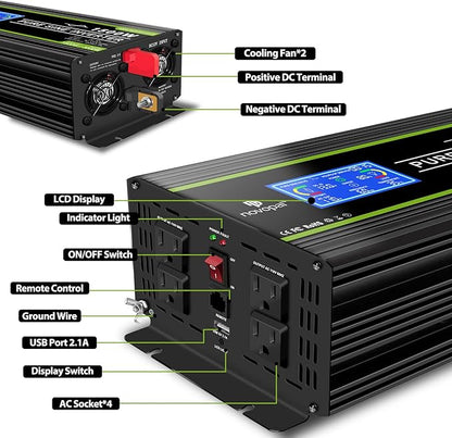 Novopal 1500 watt Pure Sine Wave Power Inverter DC 12V to 110V/120V Converter 4 AC Outlets Car Inverters with USB Port 16.4 Feet Remote Control and LCD Display