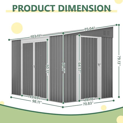 8x6 FT Outdoor Storage Shed W/Adjustable Lockable Double Side Doors,Metal Shed W/Floor Frame & 2 Air Vents,Garden Tool House W/Updated Frame Structure,for Backyard Patio Lawn,Gray