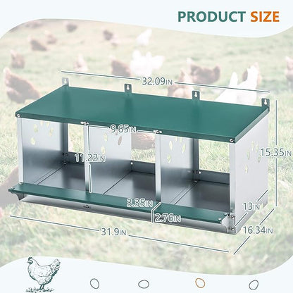 Chicken Nesting Box, 3 Compartment Hens Nest Boxes, Metal Nesting Chicken Laying Box for Outdoor Chicken Coop Cages Farm Yard, Green (3 Holes)