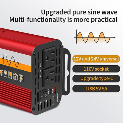 1000W Pure Sine Wave Inverter (2000W Peak), 12V/24V Auto-Detect, 50Hz/60Hz Switchable, LCD Display, Type-C Fast Charging, Silent Design, Overload & Overheat Protection for RV, Home (RED-1000W)