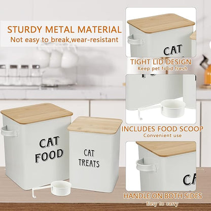 Pethiy Cat Food and Treats Containers Set with Scoop for Cats or Dogs -Tight Fitting Wood Lids - Coated Carbon Steel - Storage Canister Tins-Cat-White