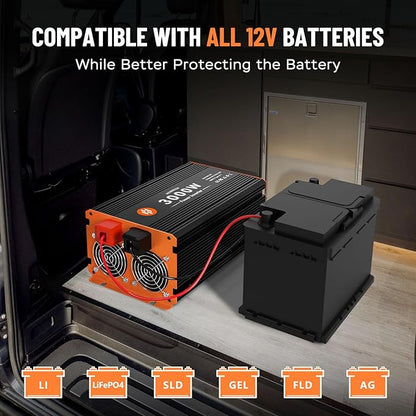 3000 Watt Power Inverter 12V DC to 110V/120V AC Converter Peak Power 6000W Car Inverter with LCD Display 2 AC Outlets USB Port Cables Included for RV,Truck,Off-Grid Solar System Remote Controller