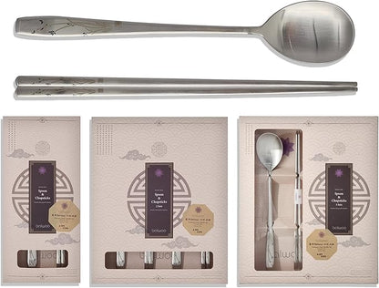 [1 Set] [Made in Korea] Orchid Design Korean Style Sticky Rice Spoon Chopsticks Set Silverware Set 304 Stainless Steel Cutlery Set Soup Spoon Ramen Chopsticks Flatware (1 Set)