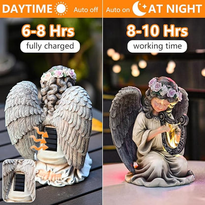 Solar Garden Outdoor Statues Lights, Resin Angel Figurine Light for Patio, Balcony, Yard, Lawn Ornament, Unique Housewarming Gifts and Yard Decor (Angel Plays)