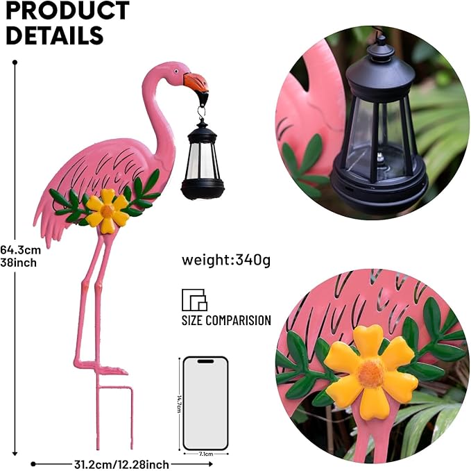 Metal Flamingo Stake with Solar Lantern, Garden Solar Animal Lights for Yard Patio Lawn Pathway Decor, Unique Gifts for Women Mom Grandma(Pink Flamingo)