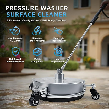 RAYNEL 14'' Pressure Washer Surface Cleaner with 4 Wheels, Stainless Steel Housing, 1/4" Quick Plug, 2 Extended Wands, 2 Replacement Nozzles