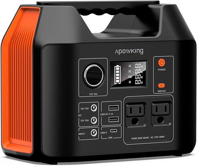 Apowking Portable Power Station 300W Rated(600W Peak), 256Wh LiFePO4 Battery, Solar Powered Power Bank with 2 AC Outlet 110V Pure Sine Wave, Solar Generator for Home Outdoor Camping Emergency