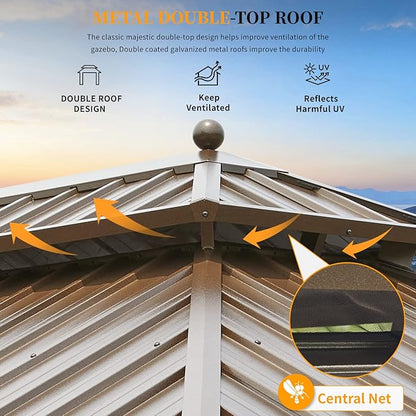 YOLENY 10' X 13' Hardtop Gazebo Galvanized Steel Outdoor Patio Gazebo Canopy Double Roof Pergolas Aluminum Frame with Netting and Curtains for Garden, Patio, Lawns, Parties