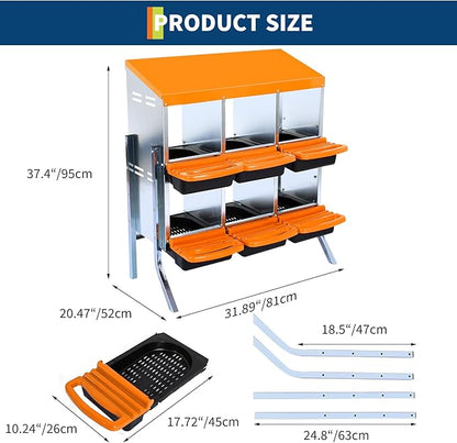 6-Compartments Chicken Nesting Boxes with Roll Out Egg Collection and Large Vented Holes,Metal Nesting Boxes for Chickens, Hens, Ducks,Wall Mount/Freestanding Poultry,Orange