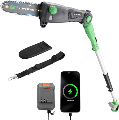 WORKPROX Cordless Pole Saw with Battery, 20V 4.0Ah Battery Powered 8 Inch Electric Pole Chainsaw, 4000mAh Power Bank with Quick Charge 3.0, Lightweight, 9.2 FT Max Reach Pole Saw for Tree Trimming