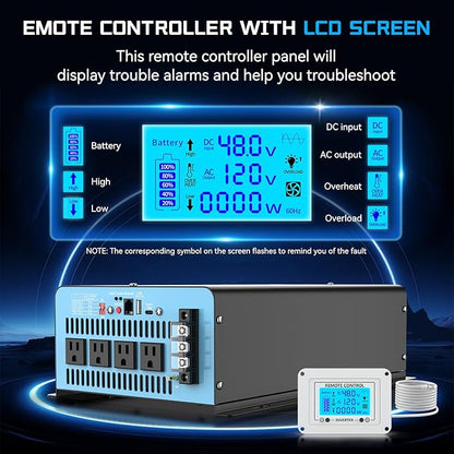 New 48V 4000 Watts Pure Sine Wave Inverter, 48V DC to 110V/120V AC Power Inverter with 4 AC Outlets, USB Port, Type-C Port for Truck, Vehicle, Power Outage, Remote Control with LCD Screen