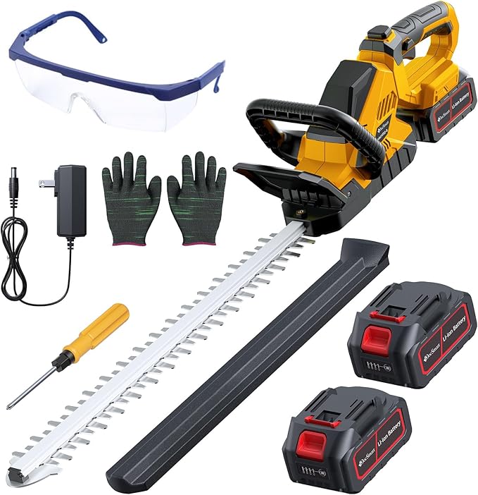 20'' Hedge Trimmer Cordless with 2pcs 4000mAh Battery, Electric Handheld Bush Clipper with Rechargeable Batteries, 3000RPM 180° Rotatable Head, 2/3'' Blade Gap, Yellow