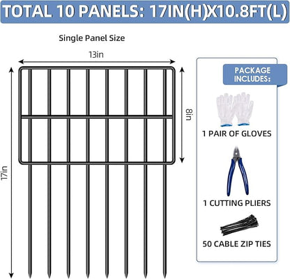 17in(H) x10ft(L) Garden Animal Barrier Fence, No Dig Decorative Fences, 1.5in Spike Spacing Rustproof Metal Garden Fence Border for Dogs Rabbits, Bottom Blocker for Outdoor Yard Patio