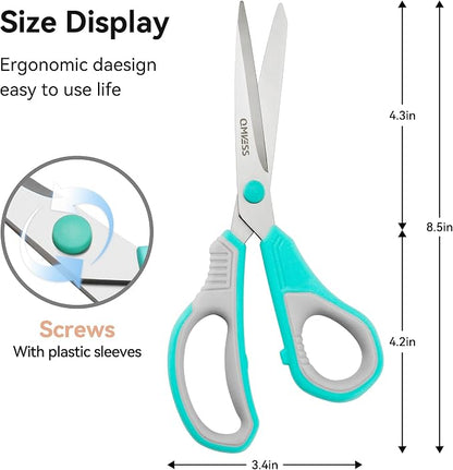 QMVESS 8.5" Scissors All Purpose 3 Pack Heavy Duty for Office School Fabric | Ultra Sharp 2.5mm Thick Stainless Blade, Ergonomic Comfort Grip, Left & Right Handed Classroom Must-Have Cutting General Use