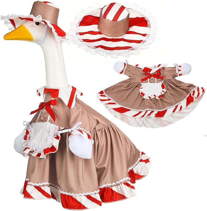 Christmas Gingerbread Porch Goose Outfit 23 Inch Red White Candy Goose Clothes for Cement or Plastic Geese Costume for Yard Lawn Garden Patio Outdoor Concrete Santa Duck Statue Dresses Holiday Decor