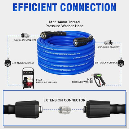 Pressure Washer Hose 100FT 1/4'' Kink Resistant 3600 PSI Power Washer Hose Extension with Leak-Free M22 Female and 3/8" Quick Connection Kit (100FT)