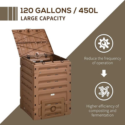 Compost Bin Outdoor 120 Gallon (450L) Garden Composter, BPA Free, with 80 Vents and 2 Sliding Doors, Lightweight Outdoor Compost Box for Garden, Kitchen, and Yard Waste, Brown