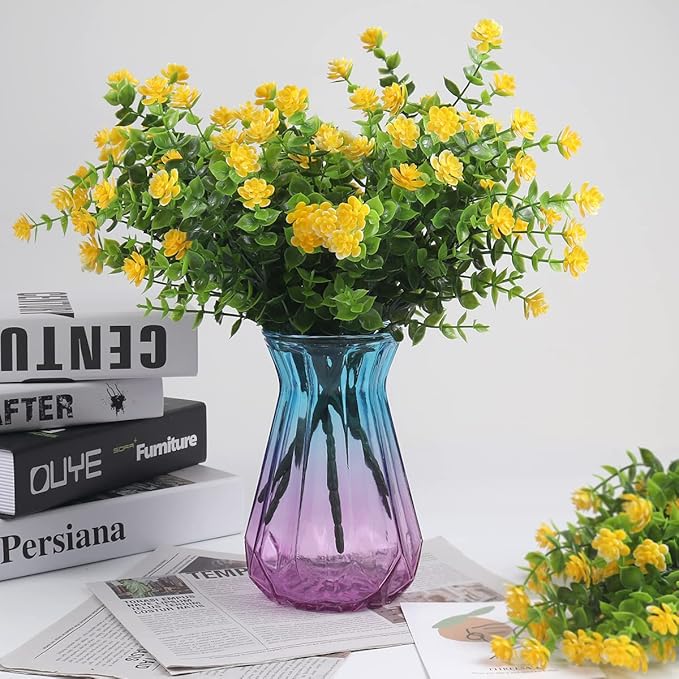 RECUTMS 12 Bundles Outdoor Artificial Flowers UV Resistant Fake Boxwood Plants, Faux Greenery for Indoor Outside Hanging Plants Garden Porch Window Box Home Wedding Farmhouse Décor（Yellow）