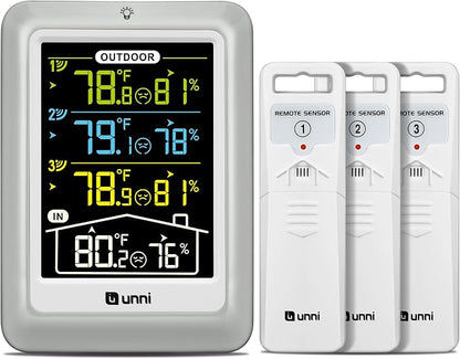 Indoor Outdoor Thermometer Wireless 4.5 Inch Display Digital Hygrometer | Temperature Humidity Monitor with 330ft Range Sensor and Adjustable Backlight with 3 Sensors (Multi)