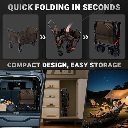 LEVELEVE Heavy Duty Folding Wagon - 2-in-1 Collapsible Cart, 650lb Capacity, All-Terrain Wheels w/Brakes & Side Pockets (Brown)