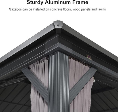 PURPLE LEAF 12' X 20' Patio Hardtop Gazebo Outdoor Pavilion Gazebo with Galvanized Steel Double Roof for Patio Lawn Garden Aluminum with Mosquito Nets and Curtains Grey