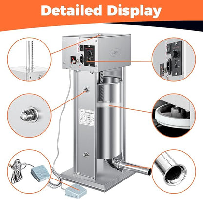 Electric Sausage Stuffer Maker, Vertical Electric Stuffer 11 Adjustable Speed Stainless Steel Commercial Sausage Filler Meat Stuffers with 5 Stuffing Tubes, Home & Commercial (30Lb/15L)