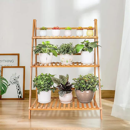 Ufine Bamboo Ladder Plant Stand 3 Tier Foldable Flower Pot Display Shelf Rack for Indoor Outdoor Home Patio Lawn Garden Balcony Organizer Planter Holder