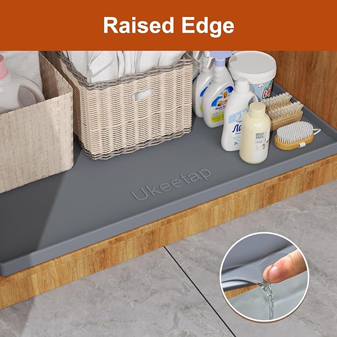 ukeetap 40" x 22" Extra Thick Silicone Mat Waterproof with Raised Edge, Under Sink Mat for Kitchen & Bathroom, Kitchen Cabinet Liner, Multi-Purpose for Storage & Protection, Gray