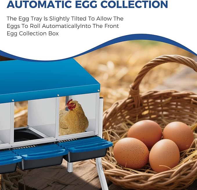 4-Compartment Metal Chicken Nesting Box with Stand – Heavy Duty Poultry Nest with Removable Tray & Waterproof Roof – Non-Slip Base, Wall Mountable for Backyard Coops & Farms (Blue)