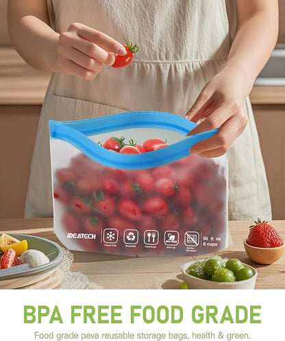 IDEATECH 24Pack Reusable Food Freezer Bags Dishwasher Safe, Leakproof Storage Contaizers, Reusable Bags Various Size for Food Storage, BPA Free Resealable Baggies(8Gallon 8Quart 8Snack,Colored)
