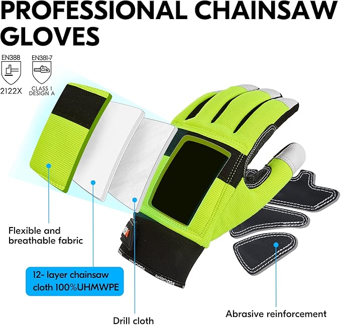 Vgo... 1Pair Chainsaw Gloves, 12-Layer Chainsaw Protection on Left Hand Back,Goat leather Work Gloves, Mechanic Gloves