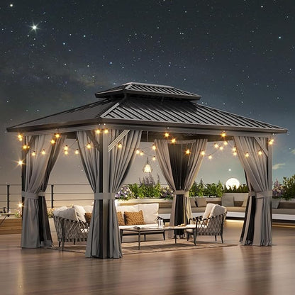 Aoxun 10' X 14' Hardtop Gazebo, Aluminum Metal Outdoor Gazebo with Galvanized Steel Double Roof, Permanent Patio Pavilion with Breathable Netting and Curtains for Dining, Wedding, Party