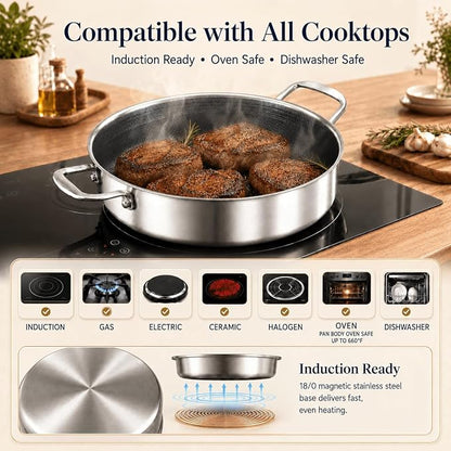 DELARLO Tri-Ply Stainless Steel 7QT Saute Pan 12 Inch Deep Frying Pan with lid Nonstick, Induction Compatible Chef Cooking Pan