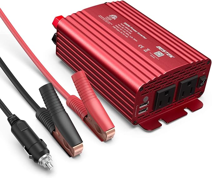 BESTEK 500W Power Inverter DC 12V to 110V AC Converter with Alligator Battery Clamp 4.8A Dual USB Car Charger ETL Listed
