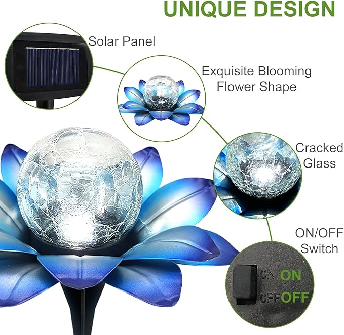 LEWIS&WAYNE Solar Garden Lights Outdoor, 3 Pcs Blue Lotus Flower Pathway Lamps with Cool White Crackle Glass Globe Led Lights for Patio Pathway Yard Balcony Garden Decorations