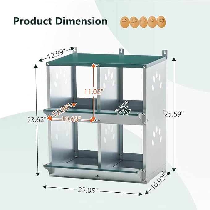 4 Compartment Metal Wall Mount Chicken Nesting Boxes with Easy Egg Collection, Individual Nests for Different Chicken Breeds, 22.05 x 16.92 x 25.59 Inches