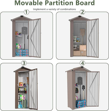 2.5x1.4 FT Mini Outdoor Storage Shed, Plastic Shed with Floor, Lockable Door, Adjustable Shelves & Sloping Roof, All-Weather Resin Shed for Garden, Backyard, Patio, Lawn (Brown)