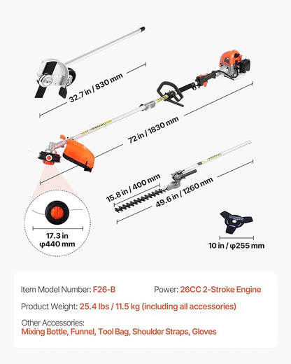 Gas Hedge Trimmer VEVOR, 26cc 2-Cycle Handheld 4-in-1 Trimmer Kit with Hedge Trimmer, Weed Eater/String Trimmer, Edger & Brush Cutter, Includes Protective Gear for Shrubs & Bushes