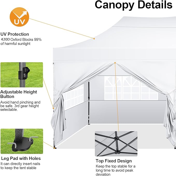 COBIZI 10x20 Pop up Canopy Tent with 6 Sidewalls, Waterproof Heavy Duty Commercial Canopy for Parties, Outdoor Tent, Garden Gazebo, Carry Bag with Wheel (10x20ft, White)